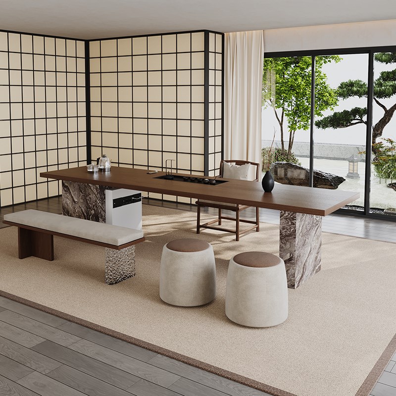 实木茶桌椅组合现代简p约岛台办公室大板泡茶桌新中式茶台意式轻