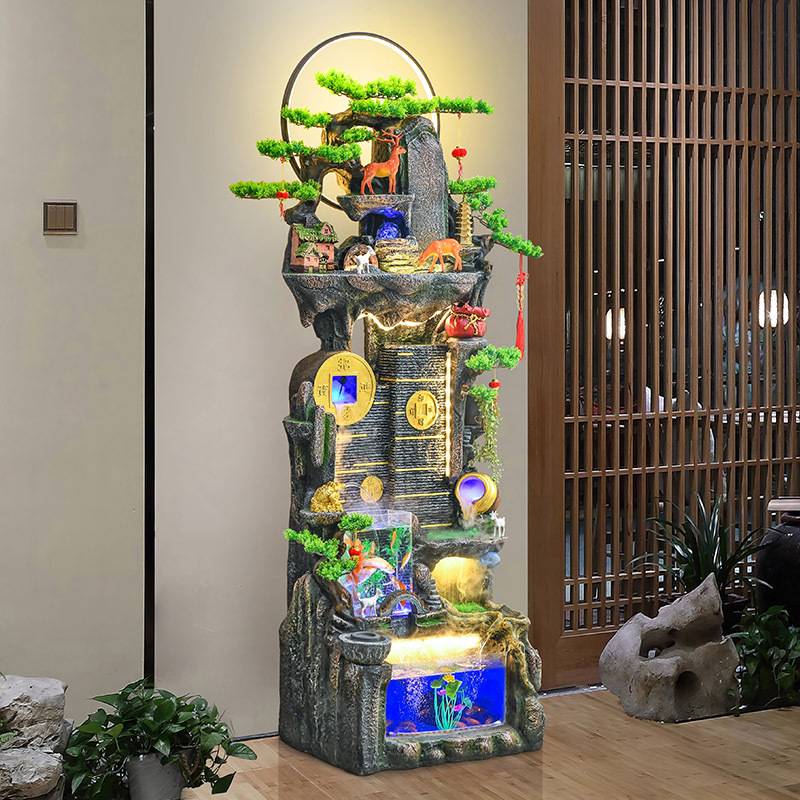 新中式招财鱼缸循环流水摆件客厅电视柜旁装饰落地阳台假山风水轮