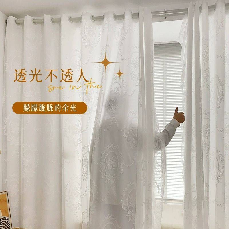 双层透光不透人纱帘卧室伸缩杆一整套免打孔安装窗帘法式蕾丝遮光