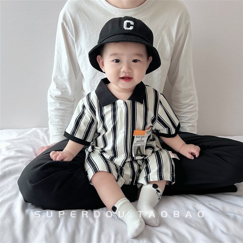 婴儿夏季连体衣男宝宝夏装洋气时髦工装风爬服婴幼儿满月百天包屁