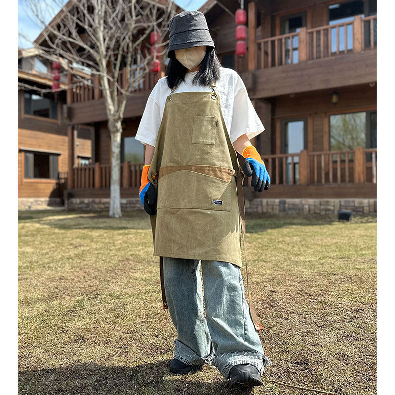 美式帆布围裙咖啡师烘焙店花园艺厨房工作高端双肩可T定制logo印