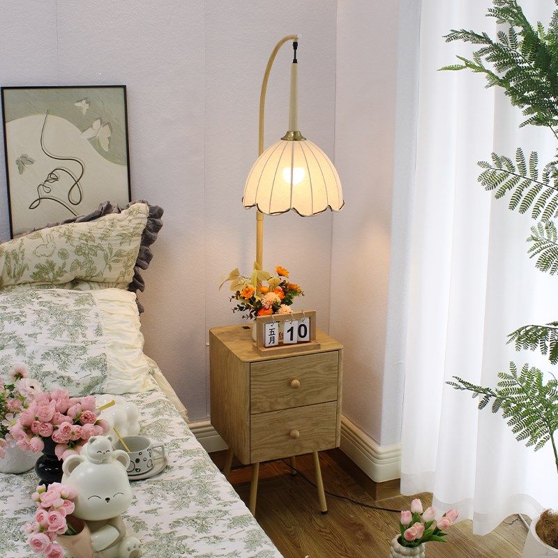 奶油风卧室落地灯客厅沙发边几置物架一体原木色床头柜茶几台灯,家装灯饰光源,装饰落地灯,淘宝优惠券,粉丝福利购,淘宝优惠卷