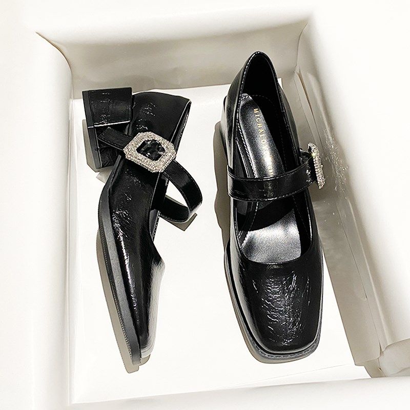 一字带粗跟方头黑色高跟鞋女2025年春H秋新款通勤单鞋防水台小皮