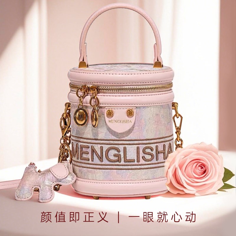 国风小众设计粉色繁花似锦链条圆筒包包女手提发R财桶斜挎单肩小