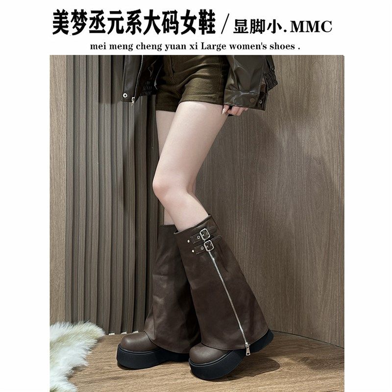 美拉德加绒长靴i女胖mm粗腿不过膝大筒围西部牛仔靴厚底增高裤管