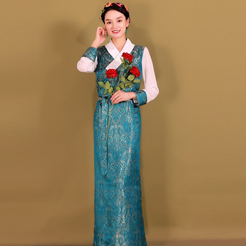 新款藏族服装女新款西式藏服拉萨服秋季拼色O高档锦缎藏袍女锅庄