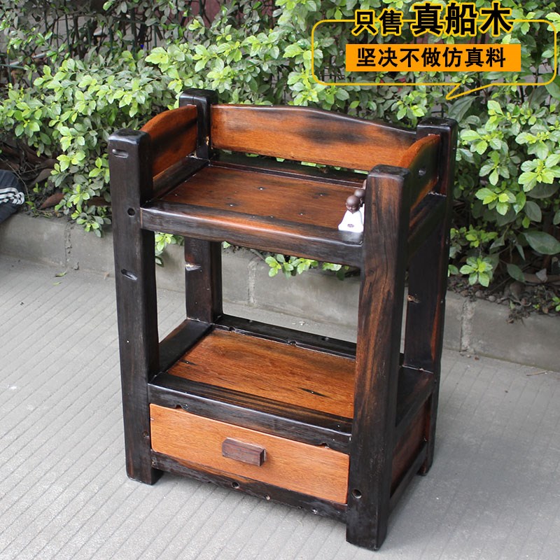 小茶架实木中式收纳老船木边几置物茶叶架中古P侧边茶柜侘寂风家
