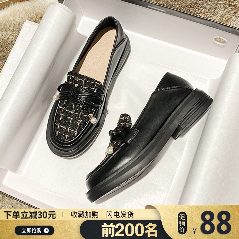 小皮鞋女英伦风2024新款春秋乐福D鞋女平底蝴蝶结厚底单鞋大码女