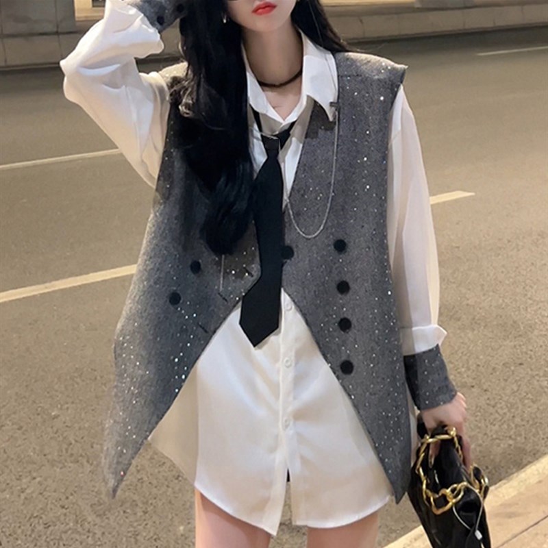 高级感气质撞色衬衫女p春秋新款叠穿设计感亮片马甲百搭衬衣两件