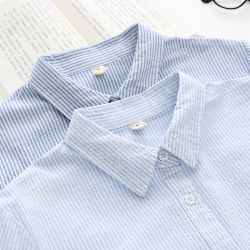 韩范通勤文艺小清新竖p条纹宽松全棉牛津纺白衬衫女长袖打底衫学