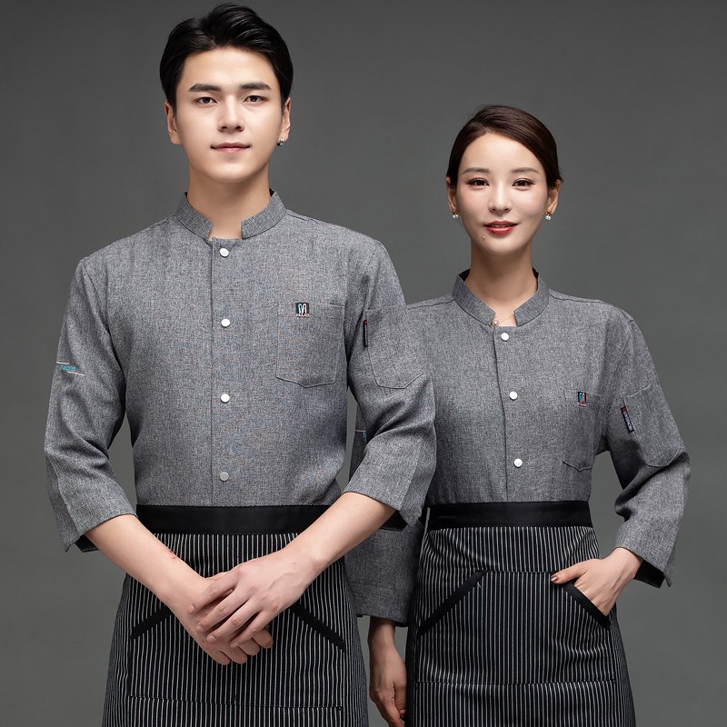 厨师服七分袖工作服酒店男後厨房秋冬季中长袖N食堂女工装定制log
