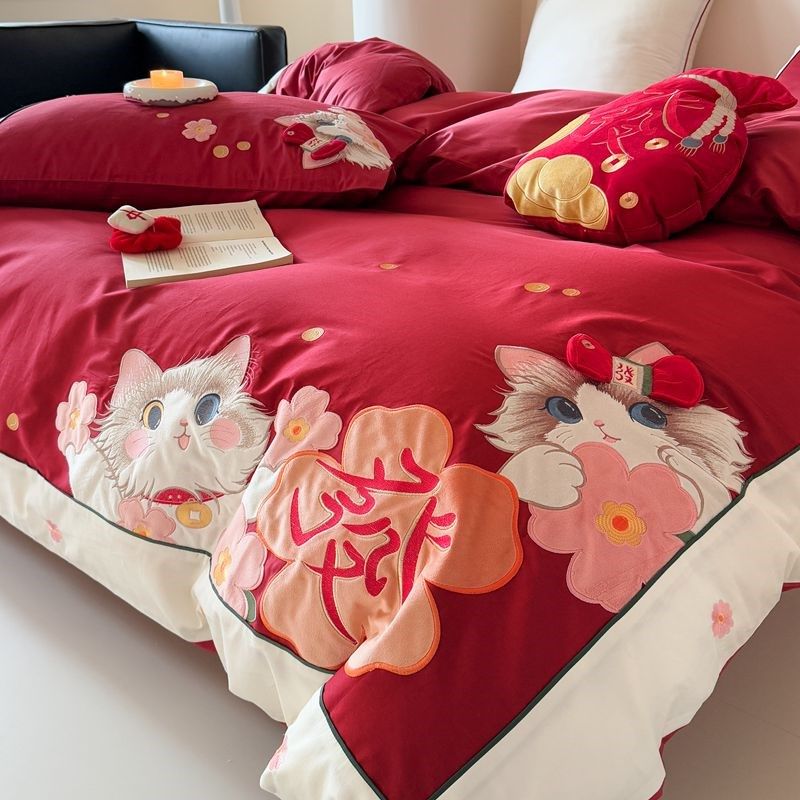 少女心可爱招财喵长绒棉四件套高颜值纯棉L被套公主风全棉床上用
