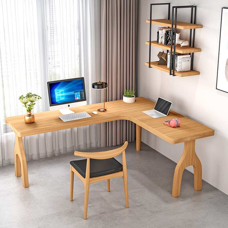 北欧实木转角书桌书架组合一体桌家用拐角写字台L型角落电脑桌子