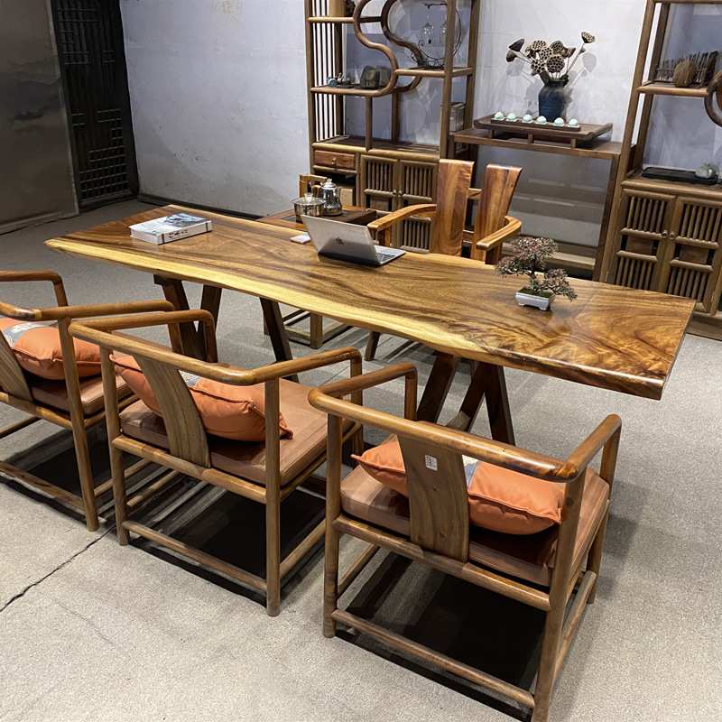 胡桃木实木大板会议桌家简约桌椅组合原木整板老板桌用学习桌餐桌