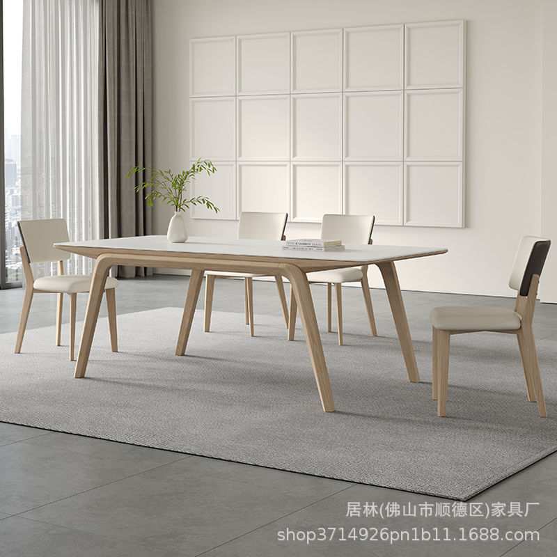 纯白色哑光岩板餐桌原木奶油风家用简约现代长方形白蜡木帆船餐桌