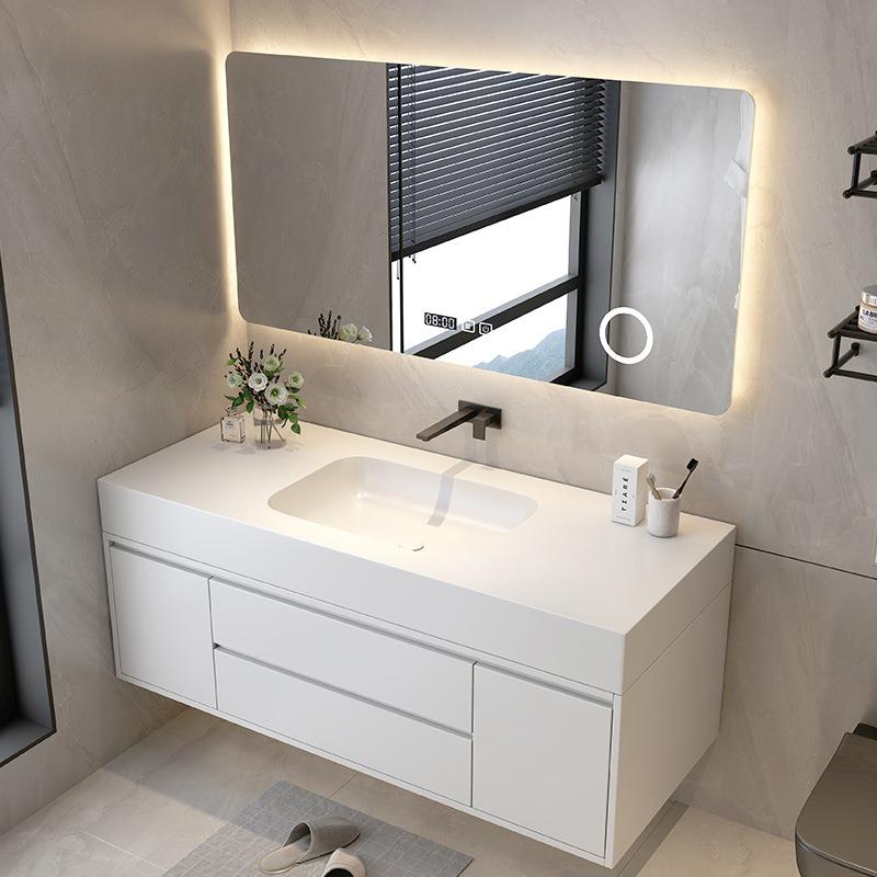 绮美石一体盆浴室柜组合奶油风设计师挂墙式实木洗脸洗手台盆柜