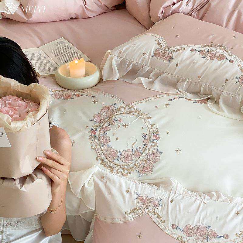 轻奢少女心纯棉床单四件套全棉100S长绒棉被套罩床上用品