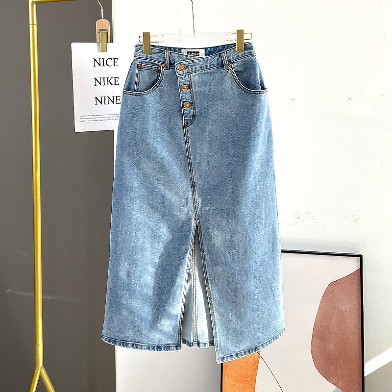 牛仔半身裙女2023夏季新款高腰开叉不对称纯棉休闲修身长款A字裙