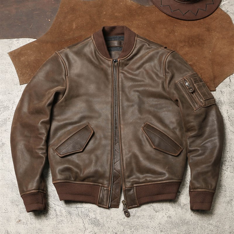 MA1美式复古皮夹克龟裂做旧软牛皮飞行服真皮外套 秋冬棒球服皮衣