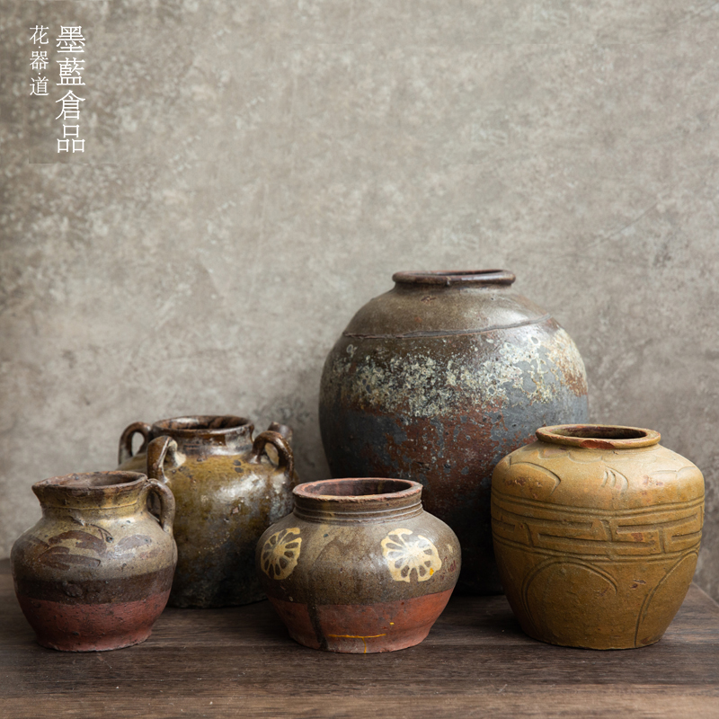 旧物老坛子陶罐金缮修复老物件坛子老缸花器禅意中V式插花器皿陶