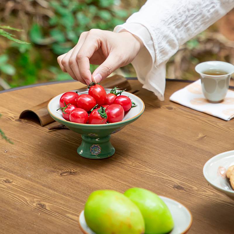 松石绿皮球花果盘壶承小团花茶盘茶壶高足干泡盘点心盘茶道配件