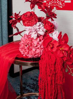 婚房花艺系玫红大红色花假花婚JMH97226卧室结客厅头布置桌花喜庆