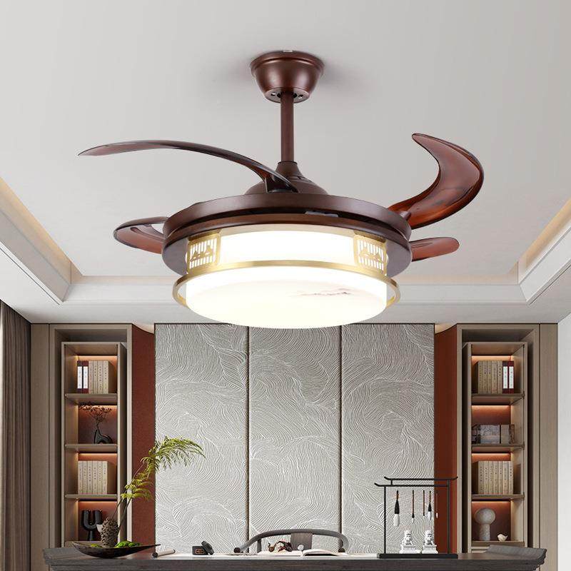 新中式风扇吊灯客厅静铜音隐桃形吊扇灯全黑胡51用木家餐厅卧室灯,家装灯饰光源,风扇灯,淘宝优惠券,粉丝福利购,淘宝优惠卷