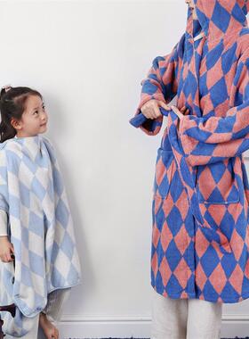 新款纹简时色约织条菱格成人浴袍尚吸水ARN斗篷亲子款浴袍类