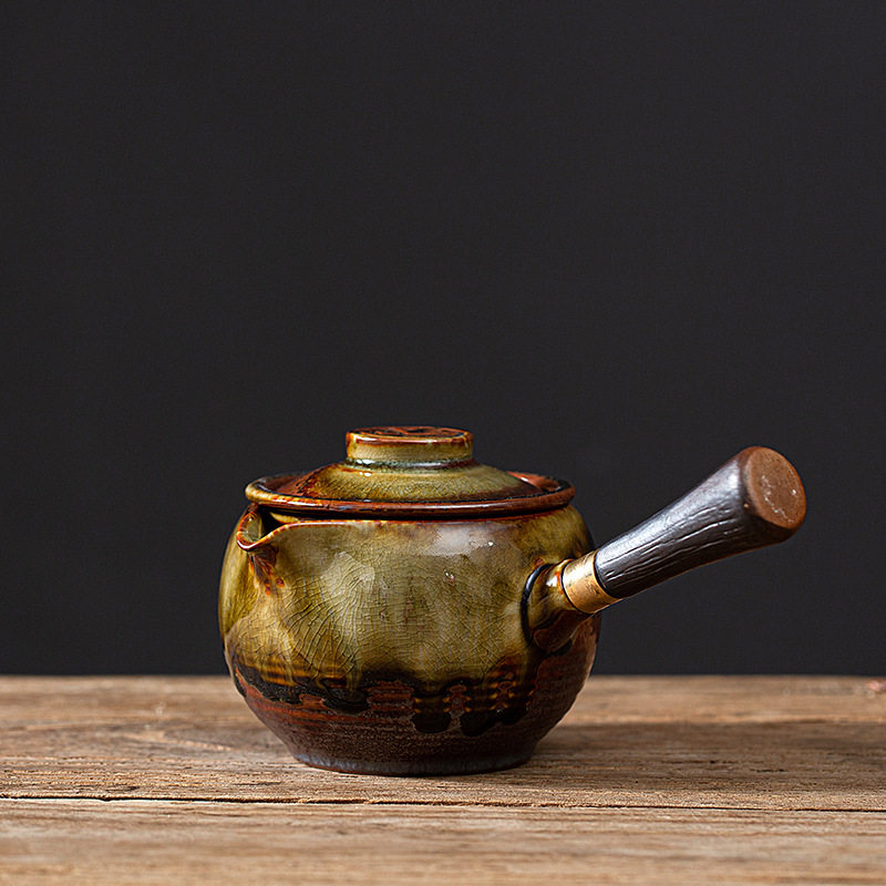 仿古柴烧流釉侧把壶复古窑变陶瓷大容量过滤茶具实木侧把普洱泡茶