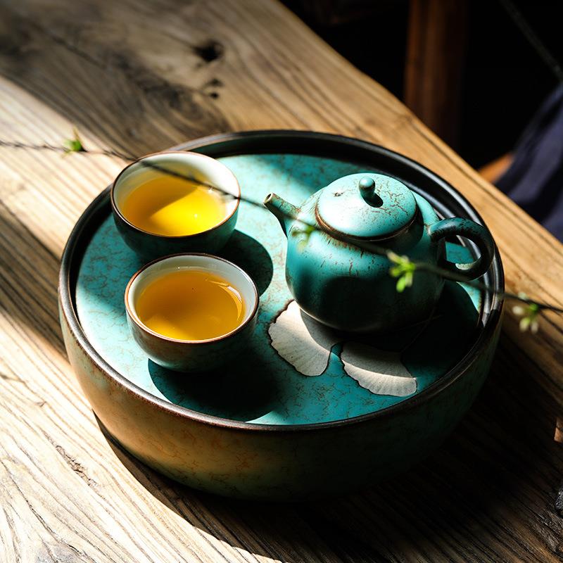杏叶日陶瓷茶盘台家用圆形水干泡10小型创意复古式简约储茶托盘