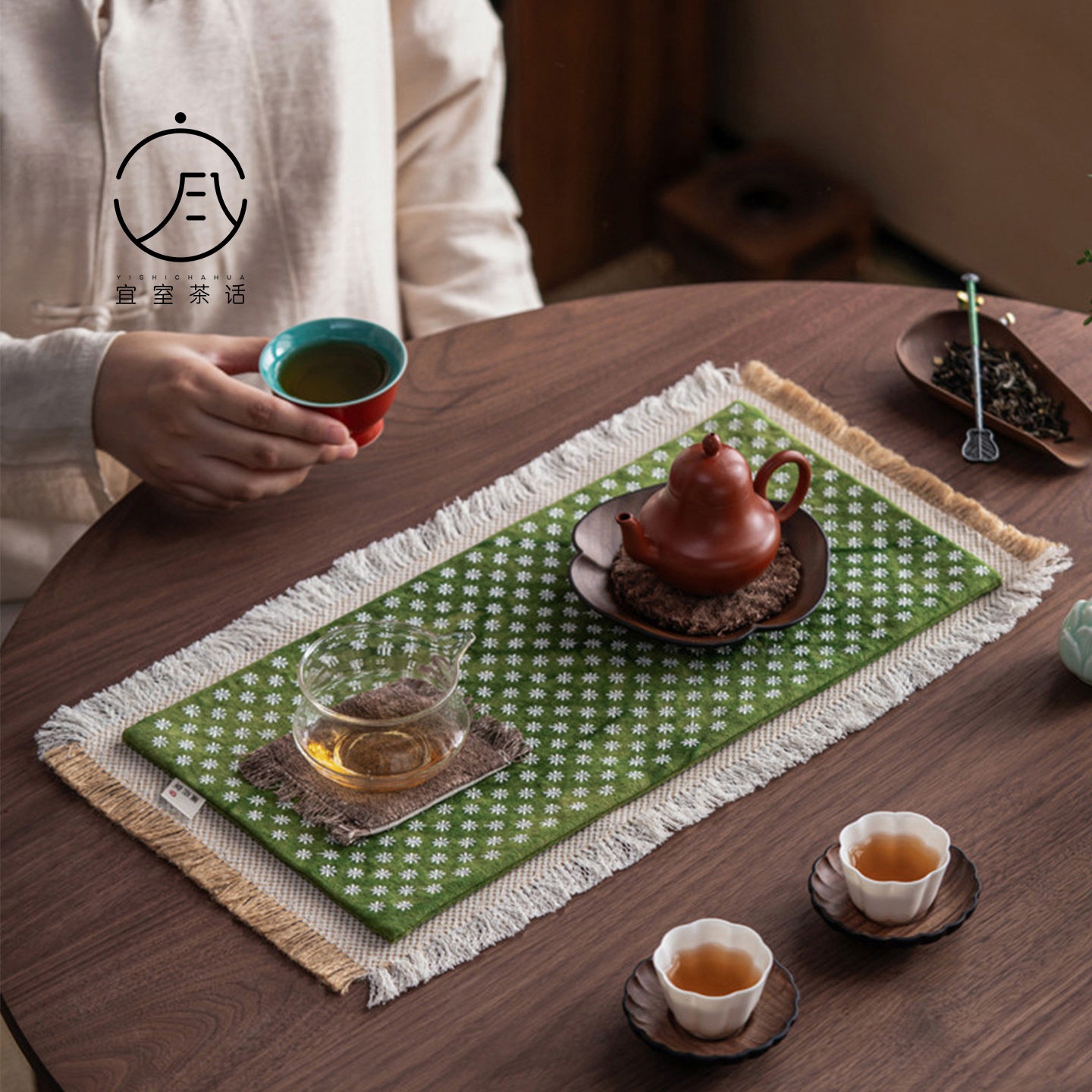 宜室茶话刺绣小梅花干泡席家用流苏干泡垫茶道布艺茶桌隔热垫茶台