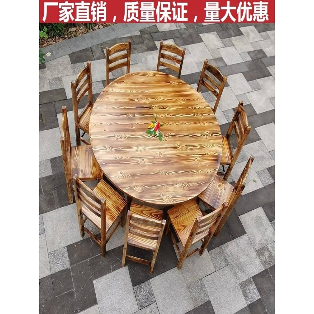 7T厂家直销面馆餐馆食堂木餐桌椅组合碳化桌椅饭店圆桌子大排档酒