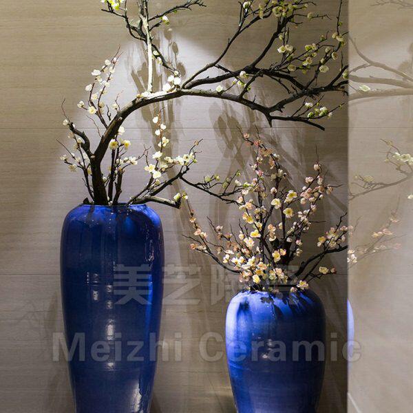 客厅地中海蓝色落地大花瓶装饰花器高大瓶干枝陶罐插花罐陶艺摆件