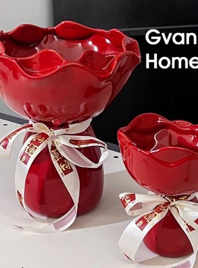 红色花瓶摆件客厅插花轻奢高级y感入户门玄关摆件新婚新年礼物实