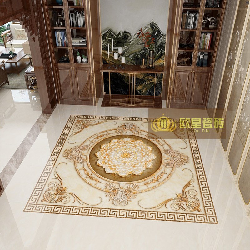 中式别墅客厅拼花瓷砖800x800入户H门厅玄关进门新款图案地板砖