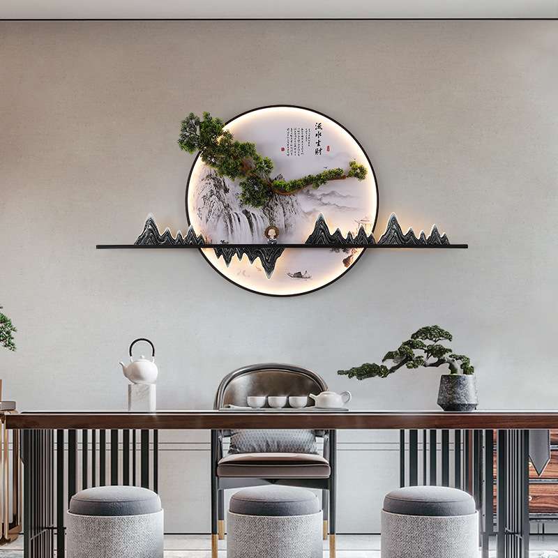 新中式壁画灯创意个性茶室圆形楼梯装饰挂画带灯玄关入户禅意灯具