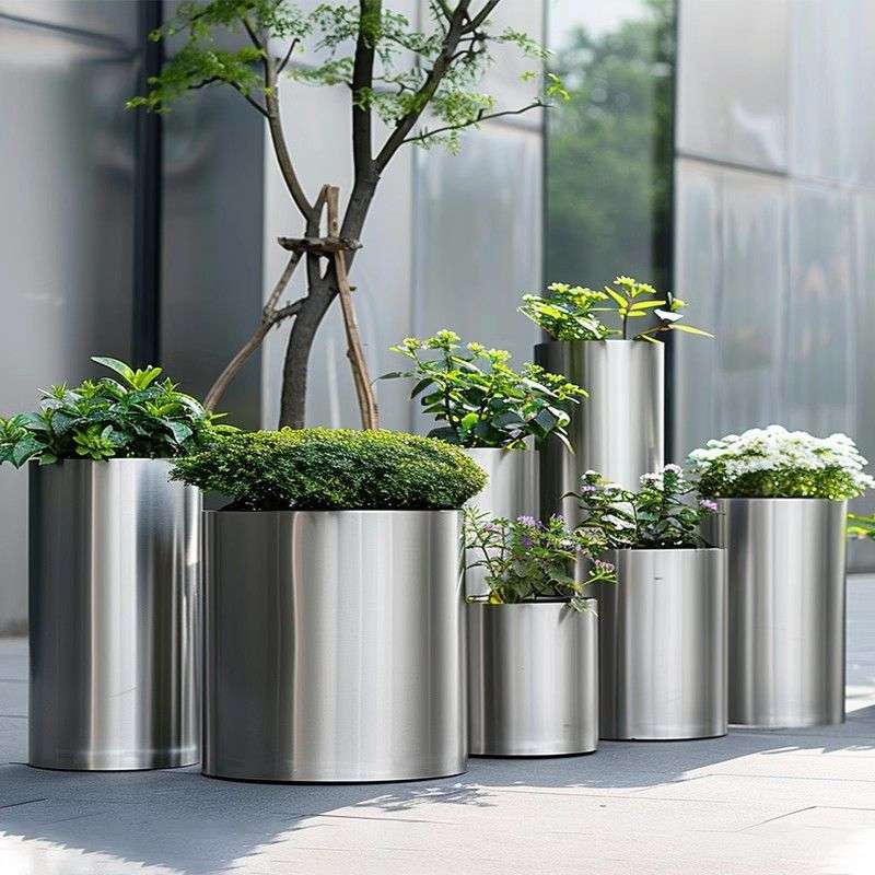 不锈钢花盆圆柱形花器户外高档圆筒园艺花钵简约大花箱金属大花箱