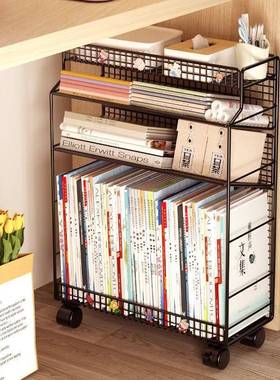 书桌旁移架落地书学生书本收纳置物架子多层课桌可动带轮小边THML