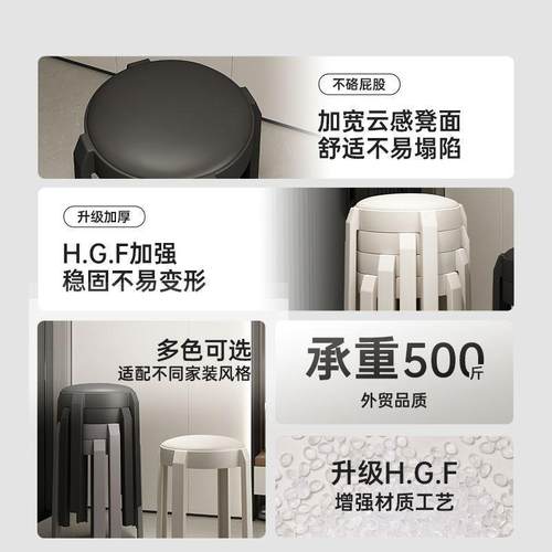 凳子家用见详情奢感简料加厚餐桌备用椅子可轻叠塑放约软包圆凳板