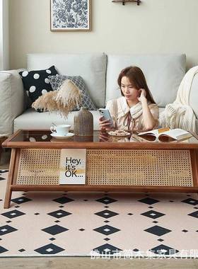 式复古茶几实木法藤编客厅家用桌餐简约现代小用户型两MTJ玻璃长