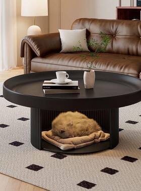 法式复古奶油风宠小物形圆矮桌中古风形户型家用客厅黑色圆茶几