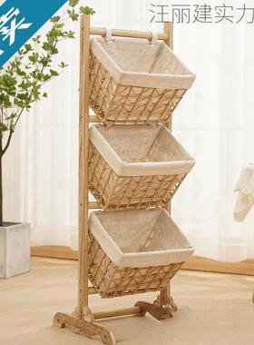 卧中式中古风藤储家编吊篮梧桐木物架用室多层AL102622收纳架浴室