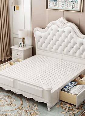 欧人式实木床美1.5M式LWV公主简款白色1.8米欧软靠简约双婚床雕花