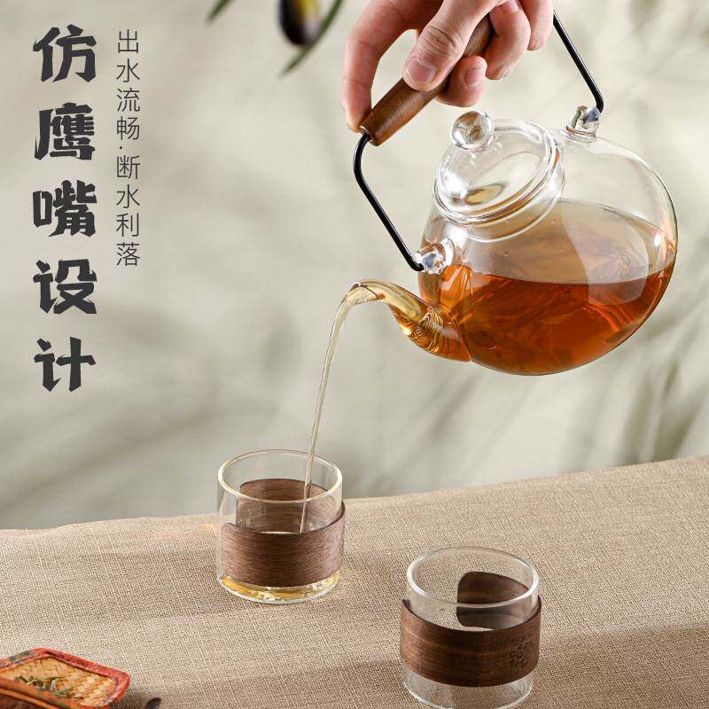 胡桃木把提梁壶高硼硅玻璃耐高温煮茶壶可明火电陶炉泡茶壶茶具