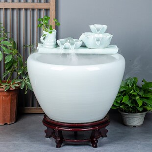 古法缸水循环大型白色陶瓷流水鱼缸阳台造景水办公室客厅养鱼大缸