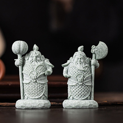 青砂石国潮风护宅门m神哼哈二将桌面摆件办公室客厅鱼缸造景装饰