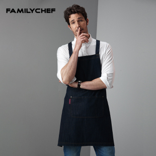交叉韩版牛仔围裙男士厨房挂脖围腰中长款全棉咖啡馆面包房工作服