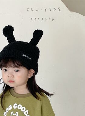 手工钩针兔耳朵~秋冬可爱儿童毛线帽子男女童保暖韩版宝宝针织帽