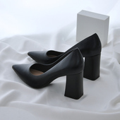 春黑色粗跟单鞋 秋季 女尖头职场气质 粗跟鞋 2023年新款 法式 小高跟鞋