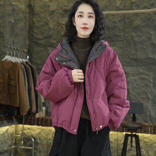 撞色复古连帽短款羽绒棉服女秋冬新款时尚小棉衣宽松显瘦保暖外套